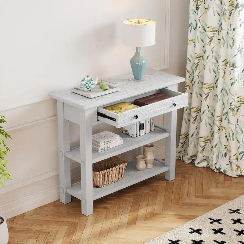 Consola de estilo rústico de 36 con cajones y 2 estantes, de madera maciza
