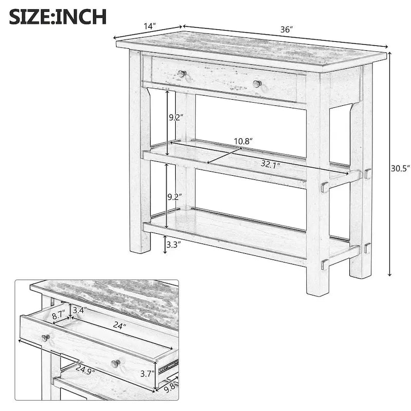 Consola de estilo rústico de 36 con cajones y 2 estantes, de madera maciza