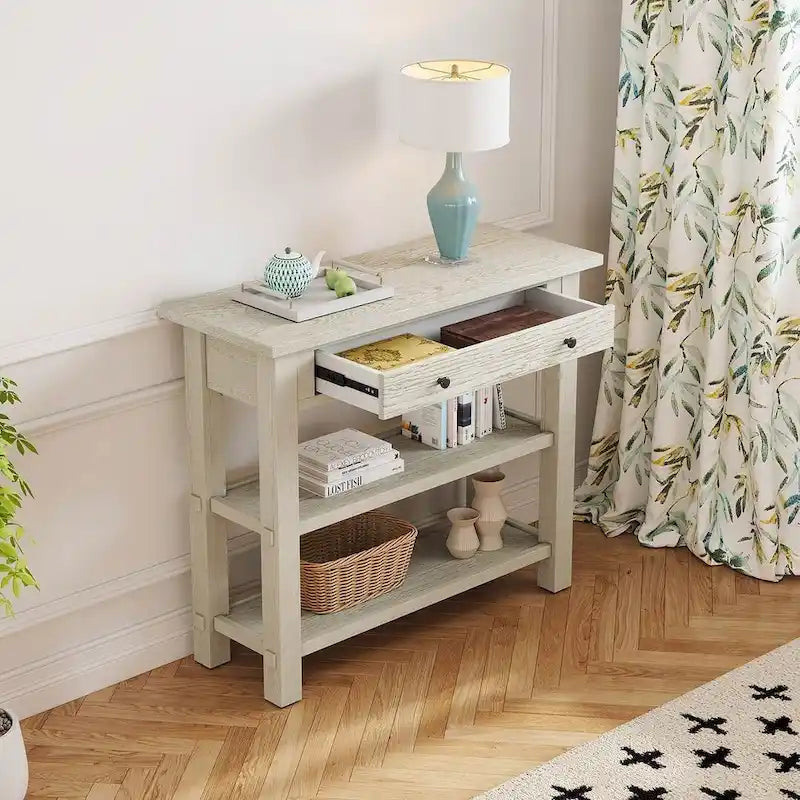 Consola de estilo rústico de 36 con cajones y 2 estantes, de madera maciza