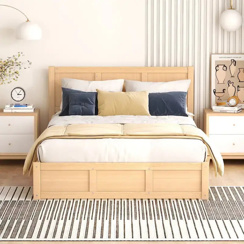 Full Size All-in-One Wood Platform Bed w/ Underneath Storage Upholstered Bed & 2 Drawers Space-Saving CreativeStorage Bed Frame