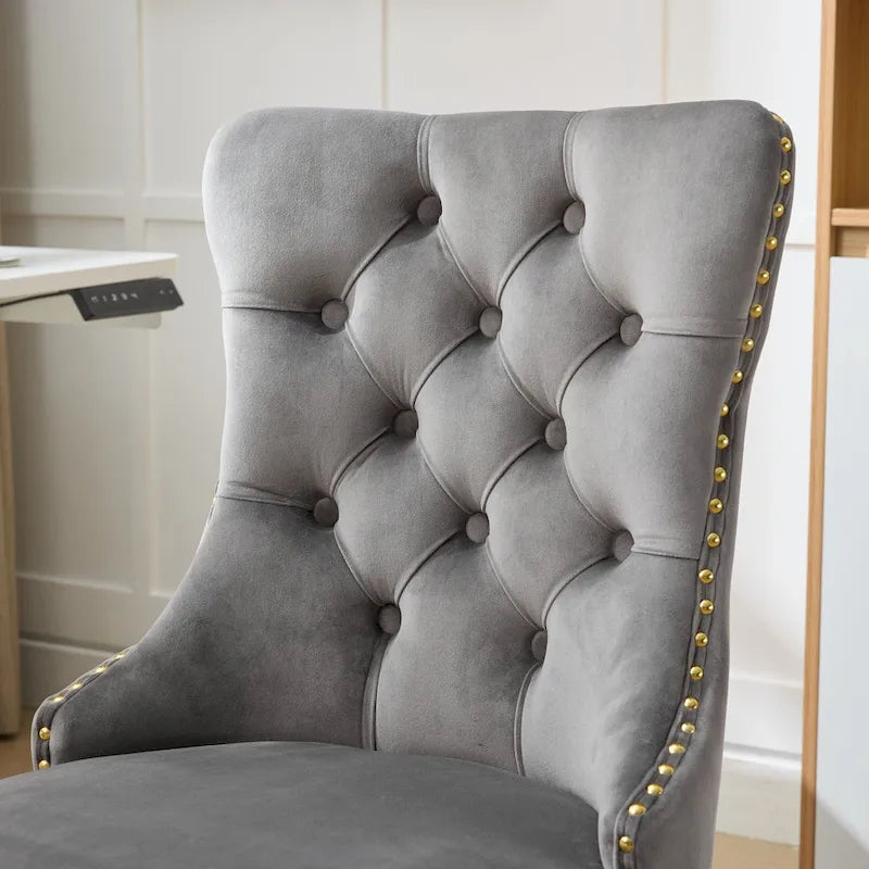 Silla de oficina en casa de terciopelo gris con base de metal dorado - silla de escritorio giratoria y ajustable