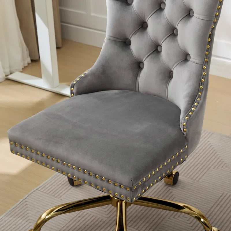 Silla de oficina en casa de terciopelo gris con base de metal dorado - silla de escritorio giratoria y ajustable