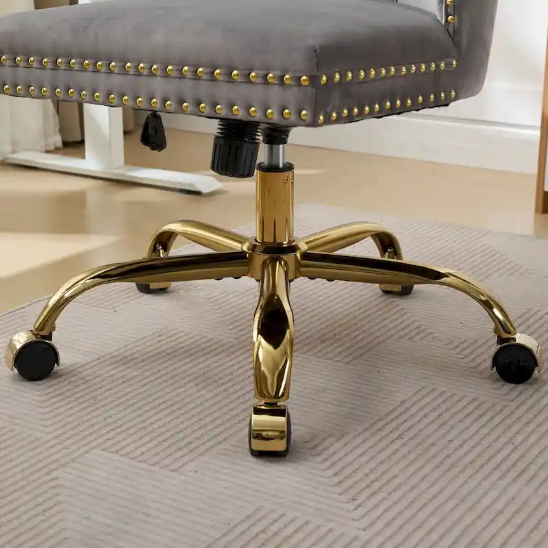 Silla de oficina en casa de terciopelo gris con base de metal dorado - silla de escritorio giratoria y ajustable