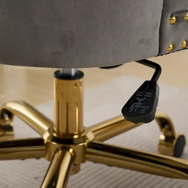 Silla de oficina en casa de terciopelo gris con base de metal dorado - silla de escritorio giratoria y ajustable