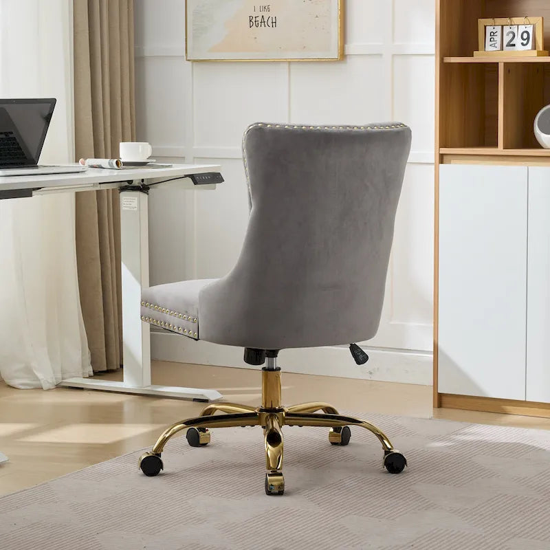 Silla de oficina en casa de terciopelo gris con base de metal dorado - silla de escritorio giratoria y ajustable