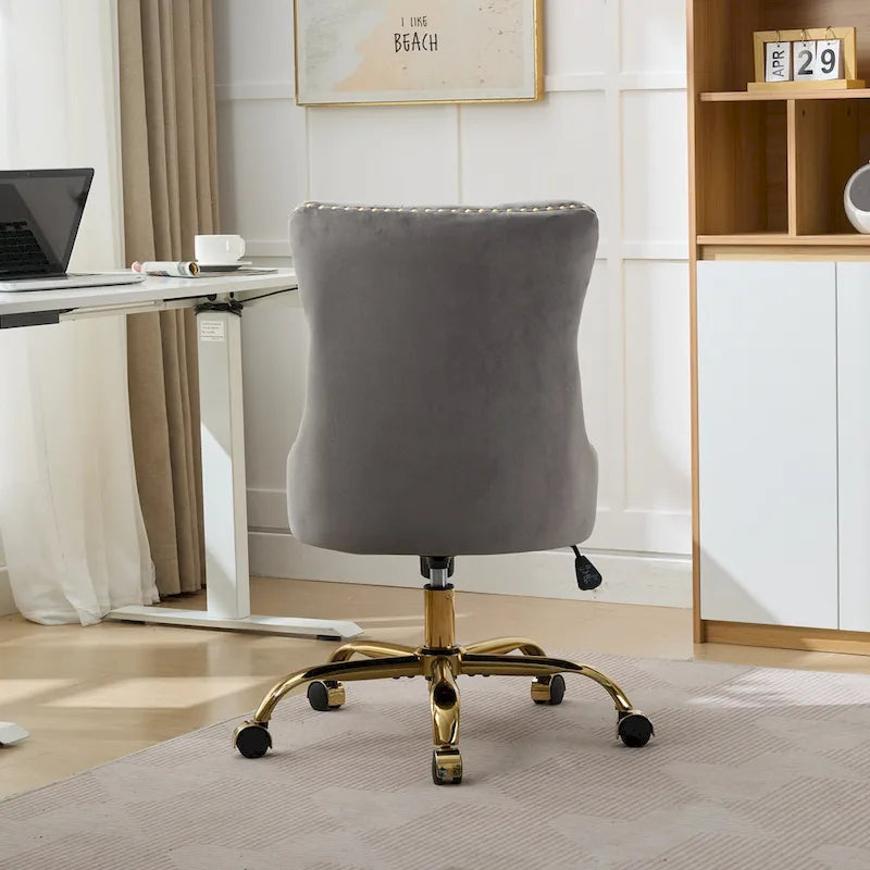 Silla de oficina en casa de terciopelo gris con base de metal dorado - silla de escritorio giratoria y ajustable