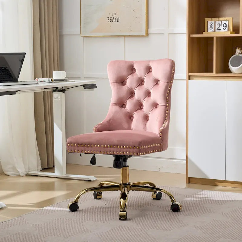 Silla de oficina en casa de terciopelo gris con base de metal dorado - silla de escritorio giratoria y ajustable