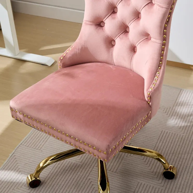 Silla de oficina en casa de terciopelo gris con base de metal dorado - silla de escritorio giratoria y ajustable