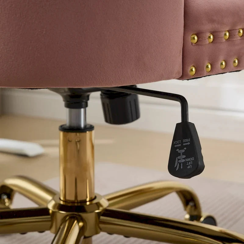 Silla de oficina en casa de terciopelo gris con base de metal dorado - silla de escritorio giratoria y ajustable