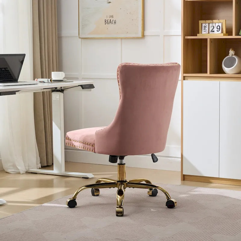 Silla de oficina en casa de terciopelo gris con base de metal dorado - silla de escritorio giratoria y ajustable