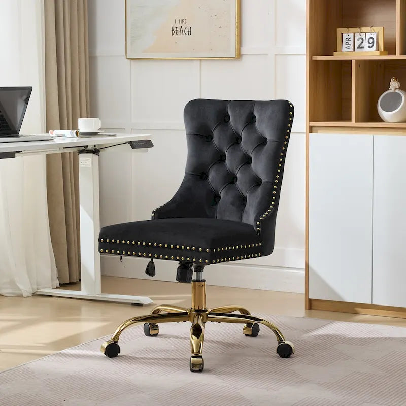 Silla de oficina en casa de terciopelo gris con base de metal dorado - silla de escritorio giratoria y ajustable