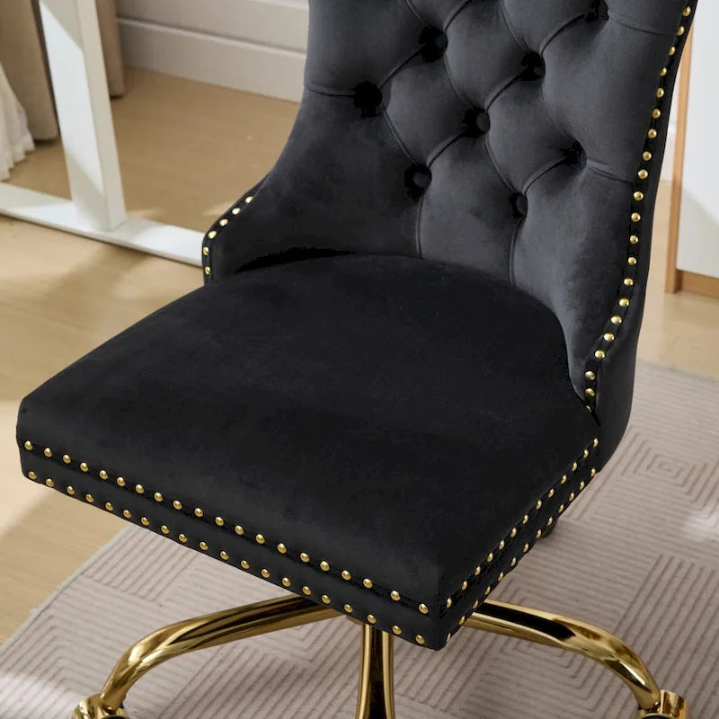 Silla de oficina en casa de terciopelo gris con base de metal dorado - silla de escritorio giratoria y ajustable