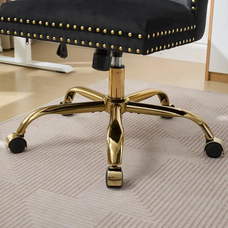 Silla de oficina en casa de terciopelo gris con base de metal dorado - silla de escritorio giratoria y ajustable