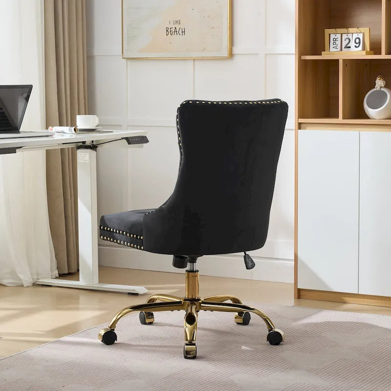 Silla de oficina en casa de terciopelo gris con base de metal dorado - silla de escritorio giratoria y ajustable