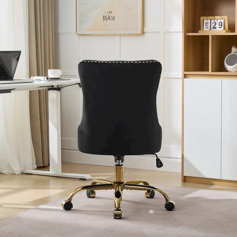 Silla de oficina en casa de terciopelo gris con base de metal dorado - silla de escritorio giratoria y ajustable