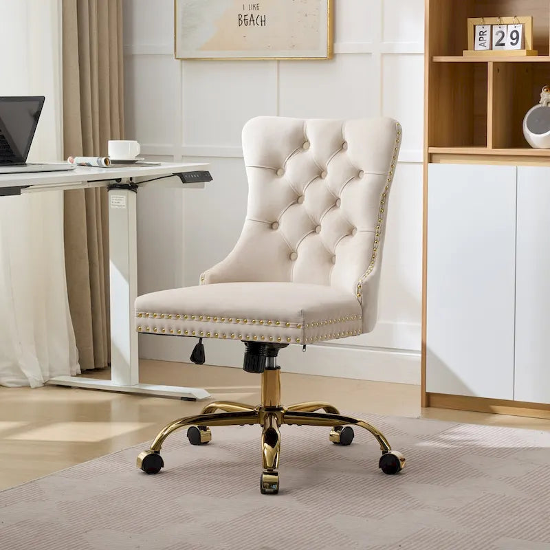 Silla de oficina en casa de terciopelo gris con base de metal dorado - silla de escritorio giratoria y ajustable