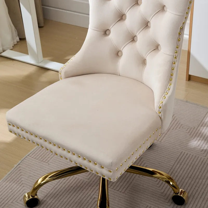 Silla de oficina en casa de terciopelo gris con base de metal dorado - silla de escritorio giratoria y ajustable
