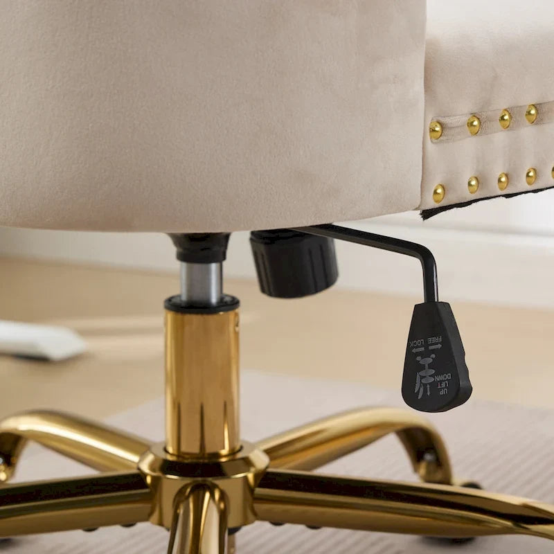 Silla de oficina en casa de terciopelo gris con base de metal dorado - silla de escritorio giratoria y ajustable