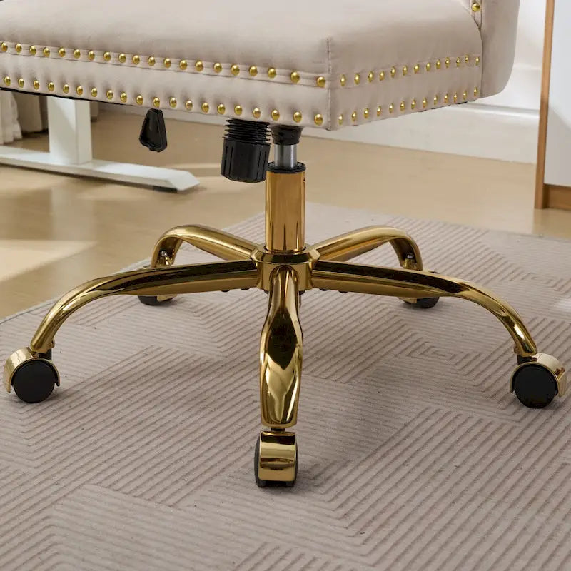 Silla de oficina en casa de terciopelo gris con base de metal dorado - silla de escritorio giratoria y ajustable