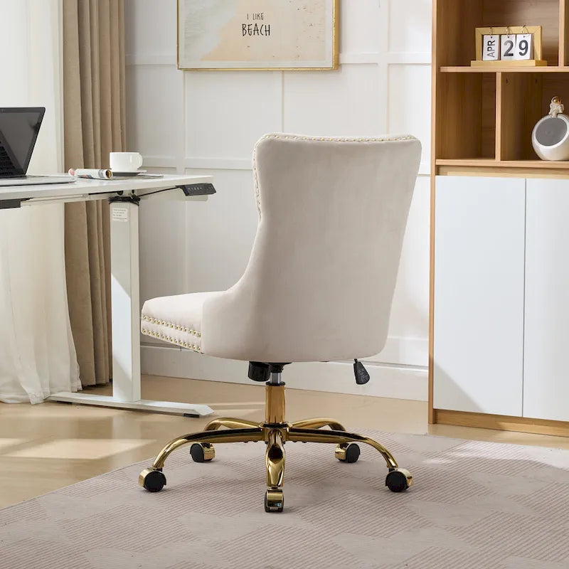 Silla de oficina en casa de terciopelo gris con base de metal dorado - silla de escritorio giratoria y ajustable