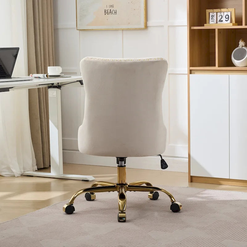Silla de oficina en casa de terciopelo gris con base de metal dorado - silla de escritorio giratoria y ajustable