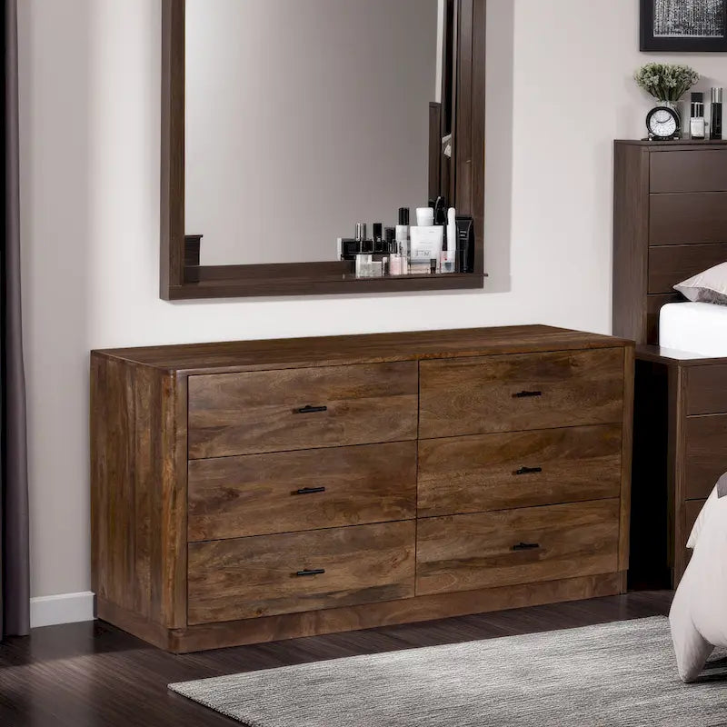 Tao 6 Drawers Dresser, Mango Wood, Walnut Finish, 60
