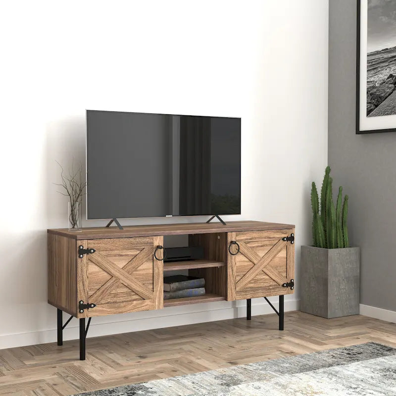 Meuble télé moderne avec 2 armoires de rangement à portes, centre de divertissement pour salon