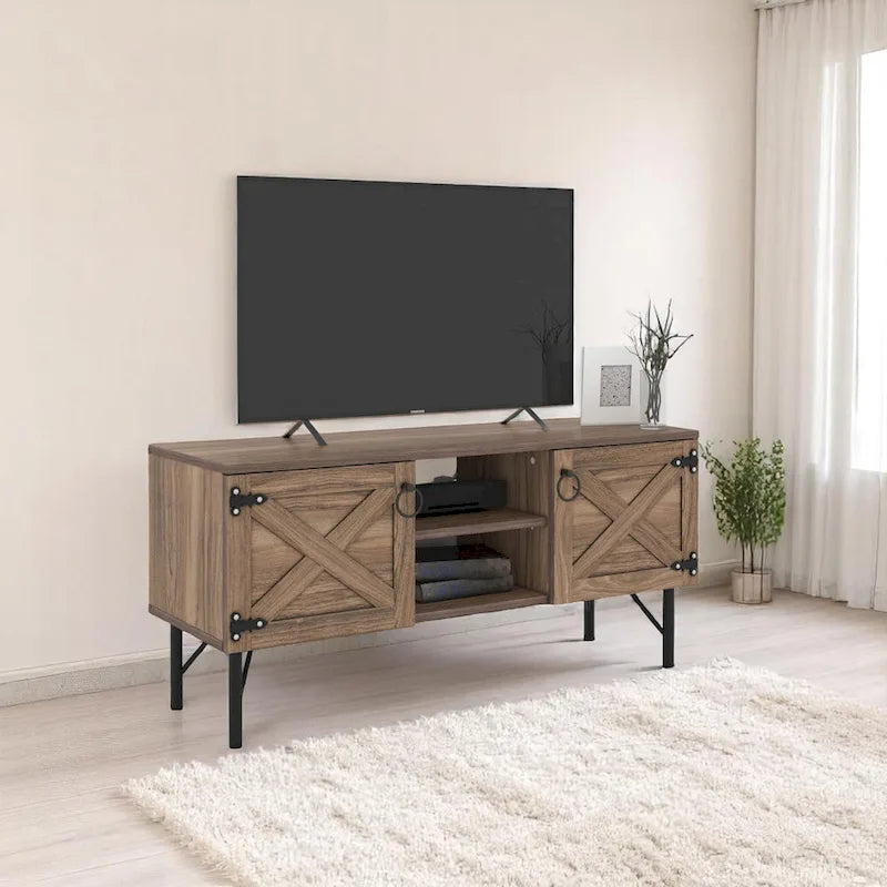 Meuble télé moderne avec 2 armoires de rangement à portes, centre de divertissement pour salon