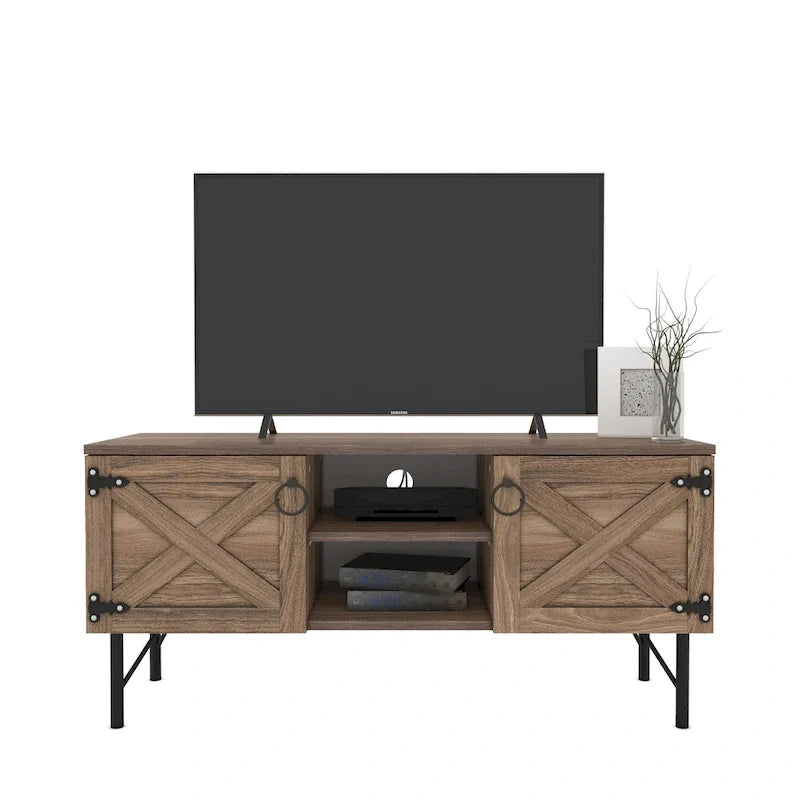 Meuble télé moderne avec 2 armoires de rangement à portes, centre de divertissement pour salon
