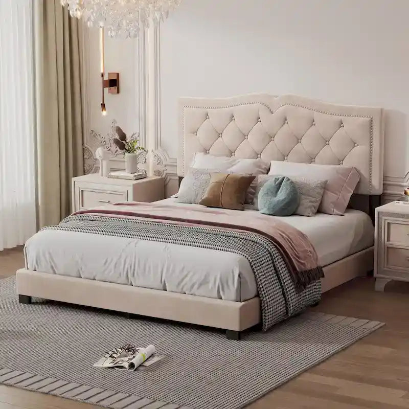 Queen Size Upholstered Bed Frame with Rivet Design, Modern Velvet Platform Bed with Tufted Headboard, Gray
