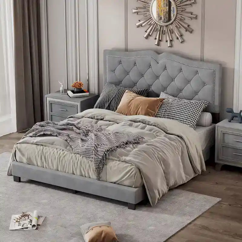 Queen Size Upholstered Bed Frame with Rivet Design, Modern Velvet Platform Bed with Tufted Headboard, Gray