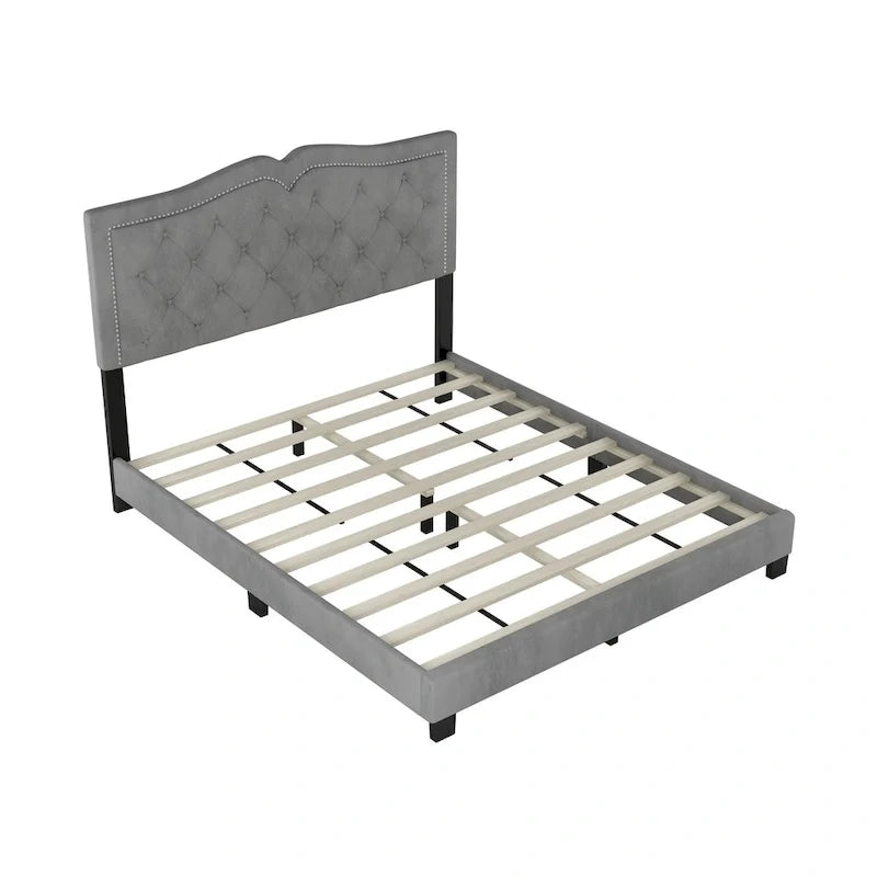Queen Size Upholstered Bed Frame with Rivet Design, Modern Velvet Platform Bed with Tufted Headboard, Gray