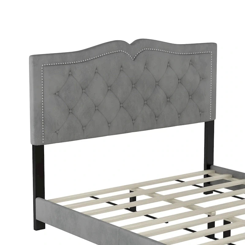 Queen Size Upholstered Bed Frame with Rivet Design, Modern Velvet Platform Bed with Tufted Headboard, Gray