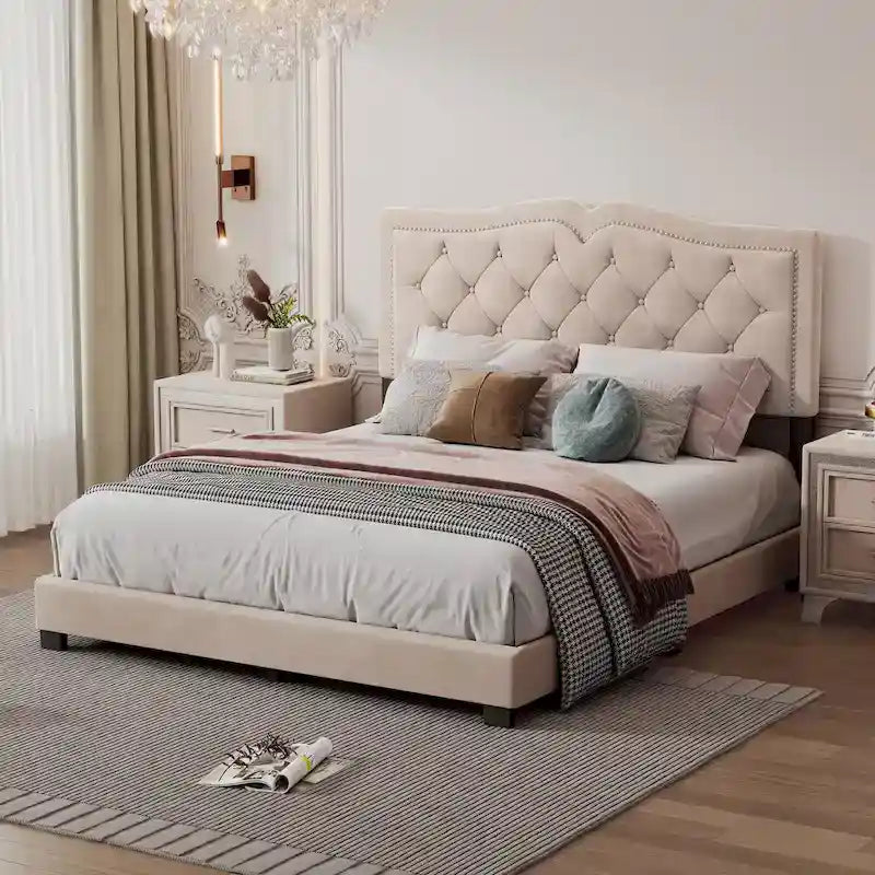 Queen Size Upholstered Bed Frame with Rivet Design, Modern Velvet Platform Bed with Tufted Headboard, Gray
