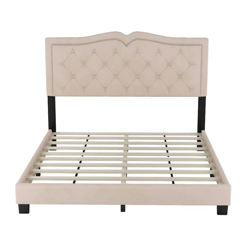 Queen Size Upholstered Bed Frame with Rivet Design, Modern Velvet Platform Bed with Tufted Headboard, Gray