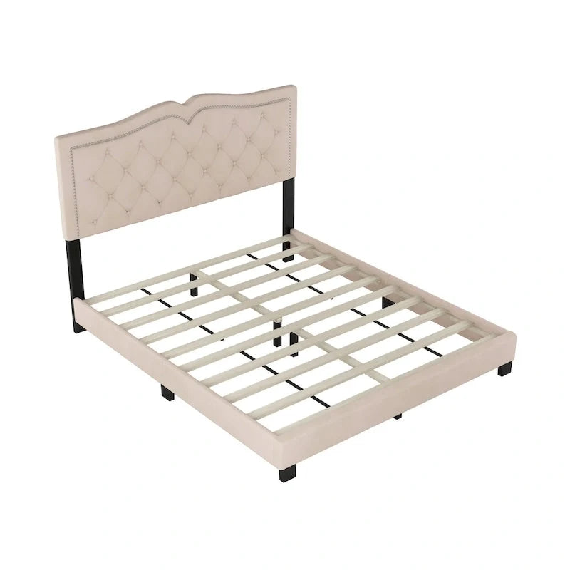 Queen Size Upholstered Bed Frame with Rivet Design, Modern Velvet Platform Bed with Tufted Headboard, Gray