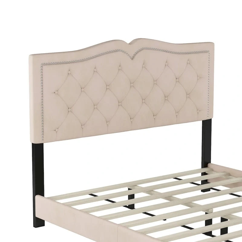 Queen Size Upholstered Bed Frame with Rivet Design, Modern Velvet Platform Bed with Tufted Headboard, Gray