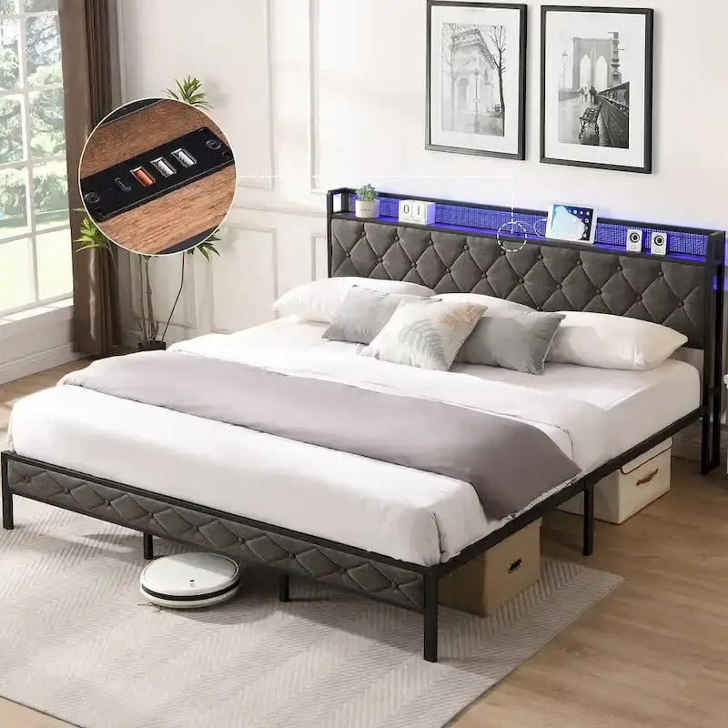 Grey Upholstered King Platform Bed with Storage Headboard, Charging Station, and LED Lights