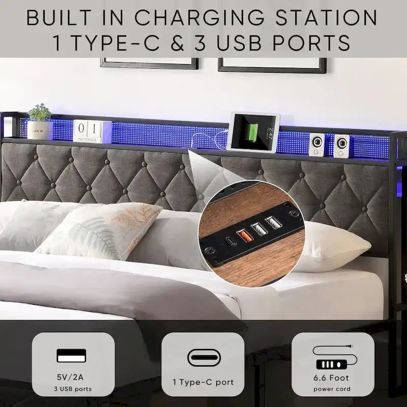 Lit plateforme king gris rembourré avec tête de lit de rangement, station de recharge et éclairage à LED