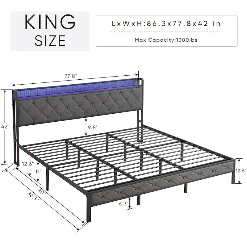 Lit plateforme king gris rembourré avec tête de lit de rangement, station de recharge et éclairage à LED