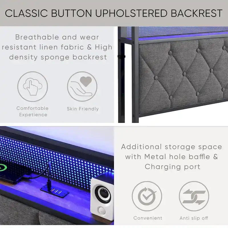 Lit plateforme king gris rembourré avec tête de lit de rangement, station de recharge et éclairage à LED