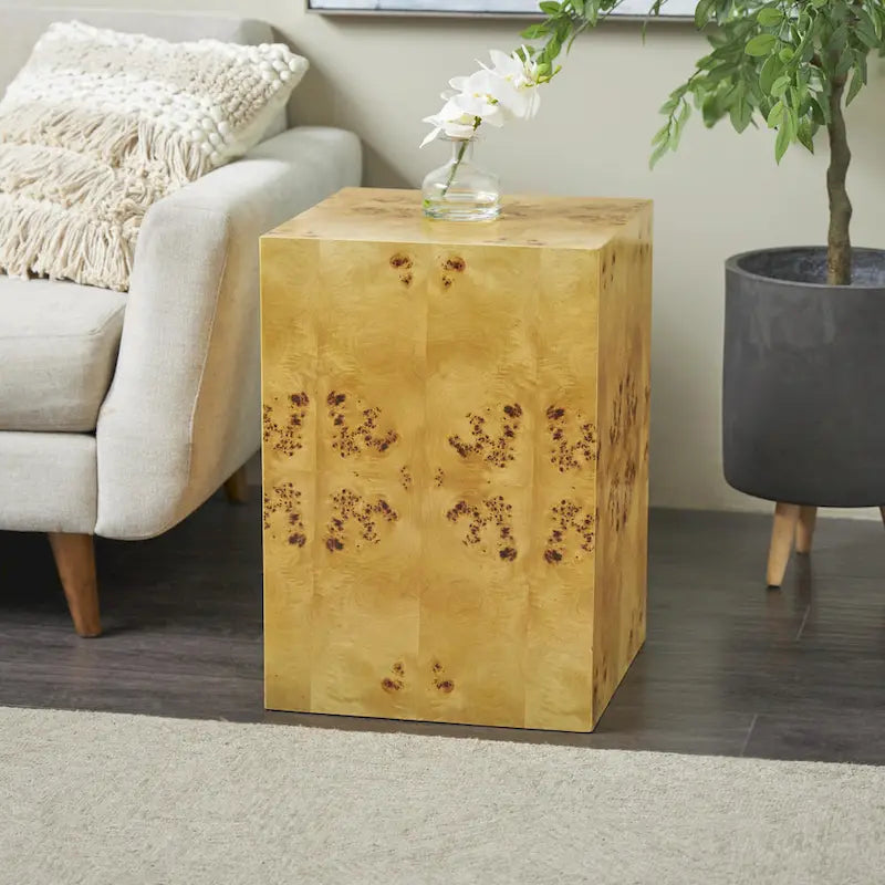 Table d’appoint carrée en bois, en forme de cube, avec motifs de grain de bois - marron