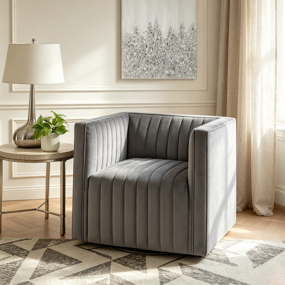 Fauteuil pivotant à accoudoirs capitonnés en canaux