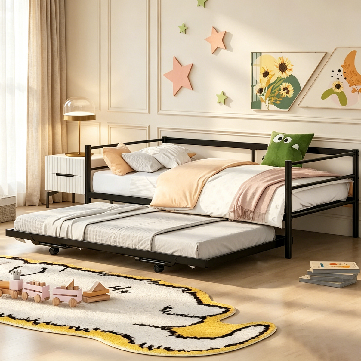 Metal Daybed with Adjustable Trundle, Pop Up Trundle