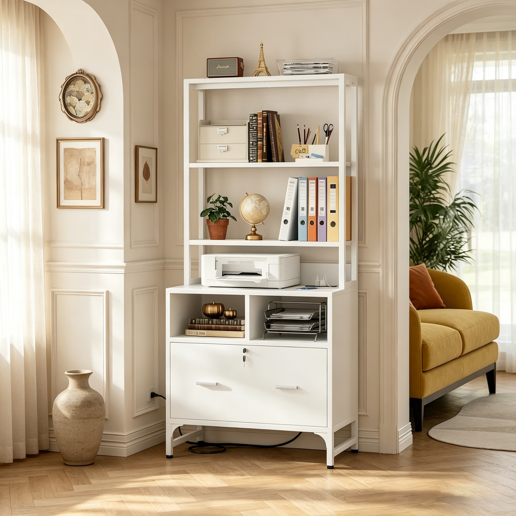 File Cabinet with Charging Station, Vertical Filing Cabinet with Lock & Large Drawer