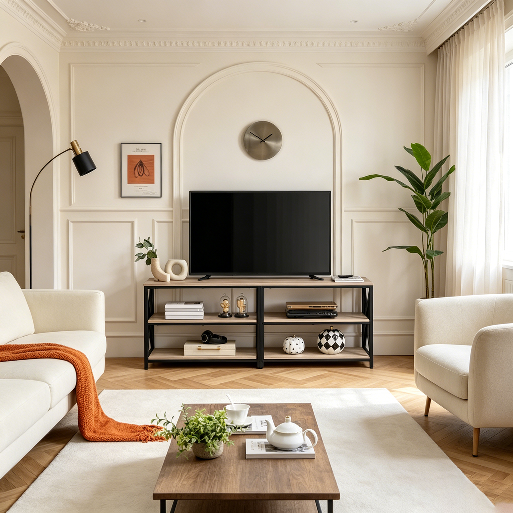 Meuble TV console vintage en bois à 3 niveaux pour téléviseur jusqu'à 70