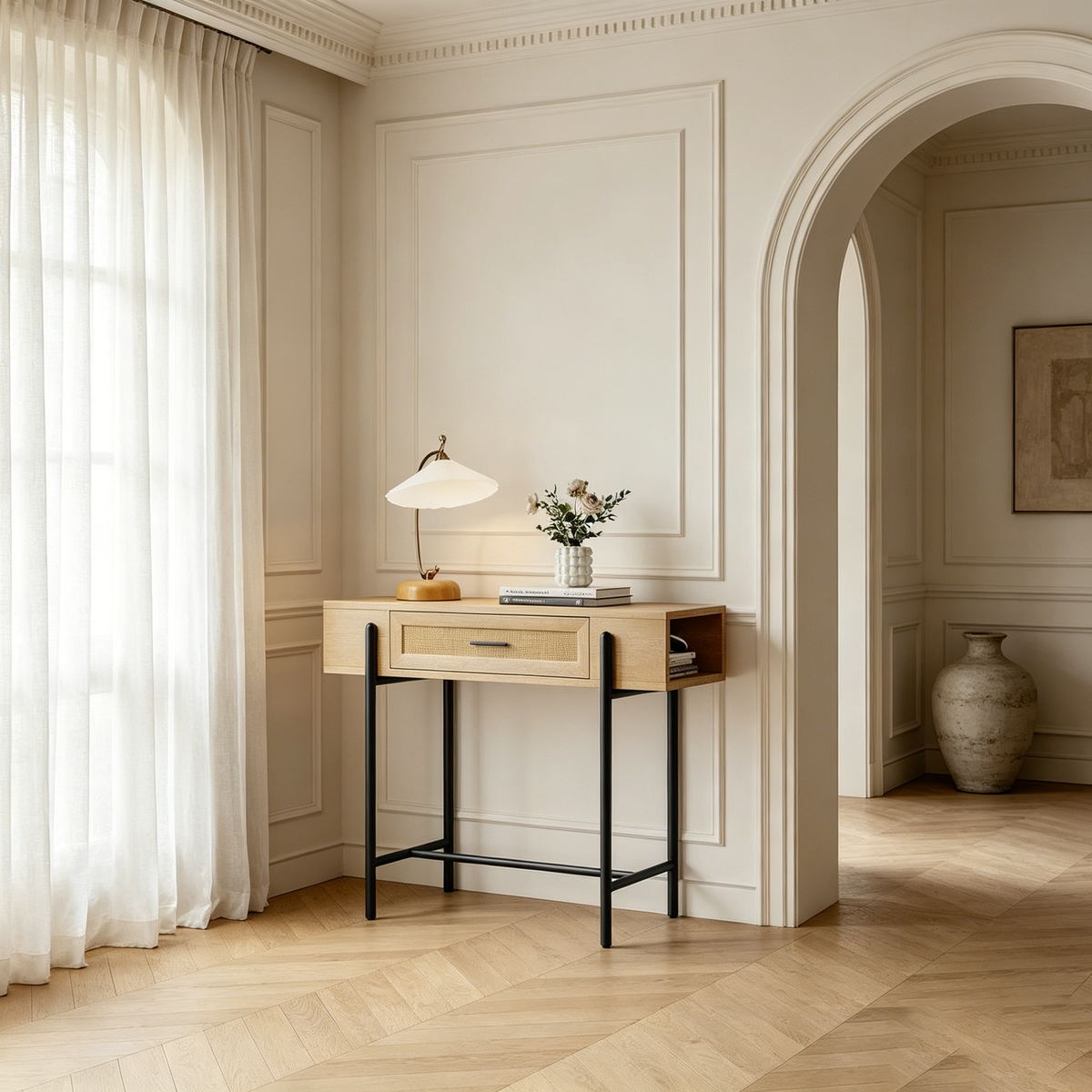 Console Table, Sofa Tables Rattan Entryway Table with Storage Drawer