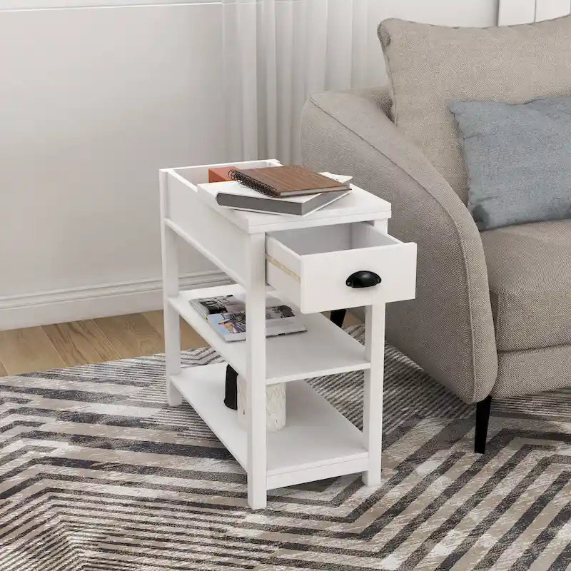 Table d'appoint étroite avec tiroirs et rangement à ouverture basculante
