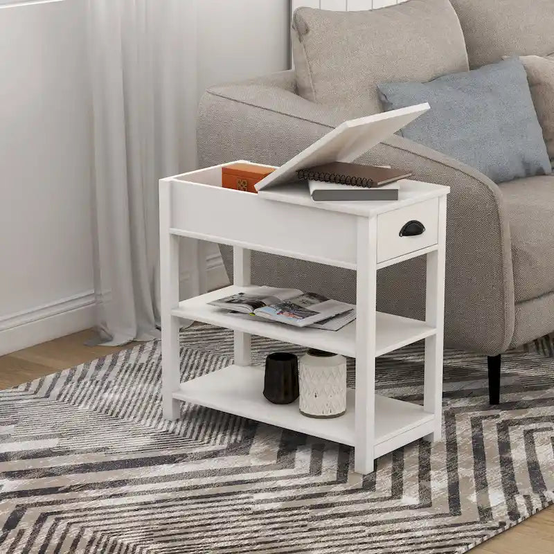 Table d'appoint étroite avec tiroirs et rangement à ouverture basculante