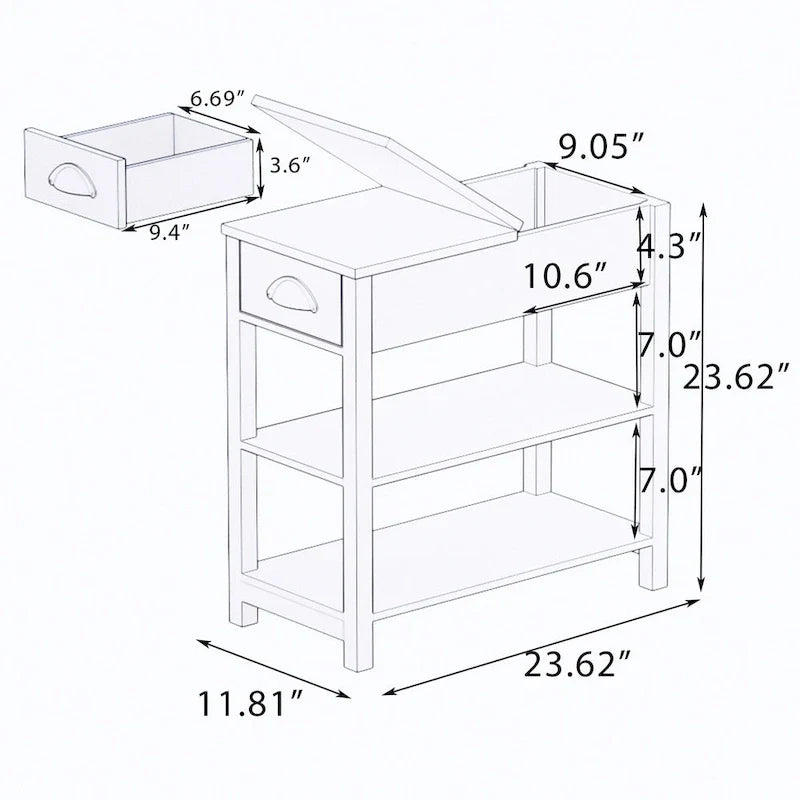 Table d'appoint étroite avec tiroirs et rangement à ouverture basculante